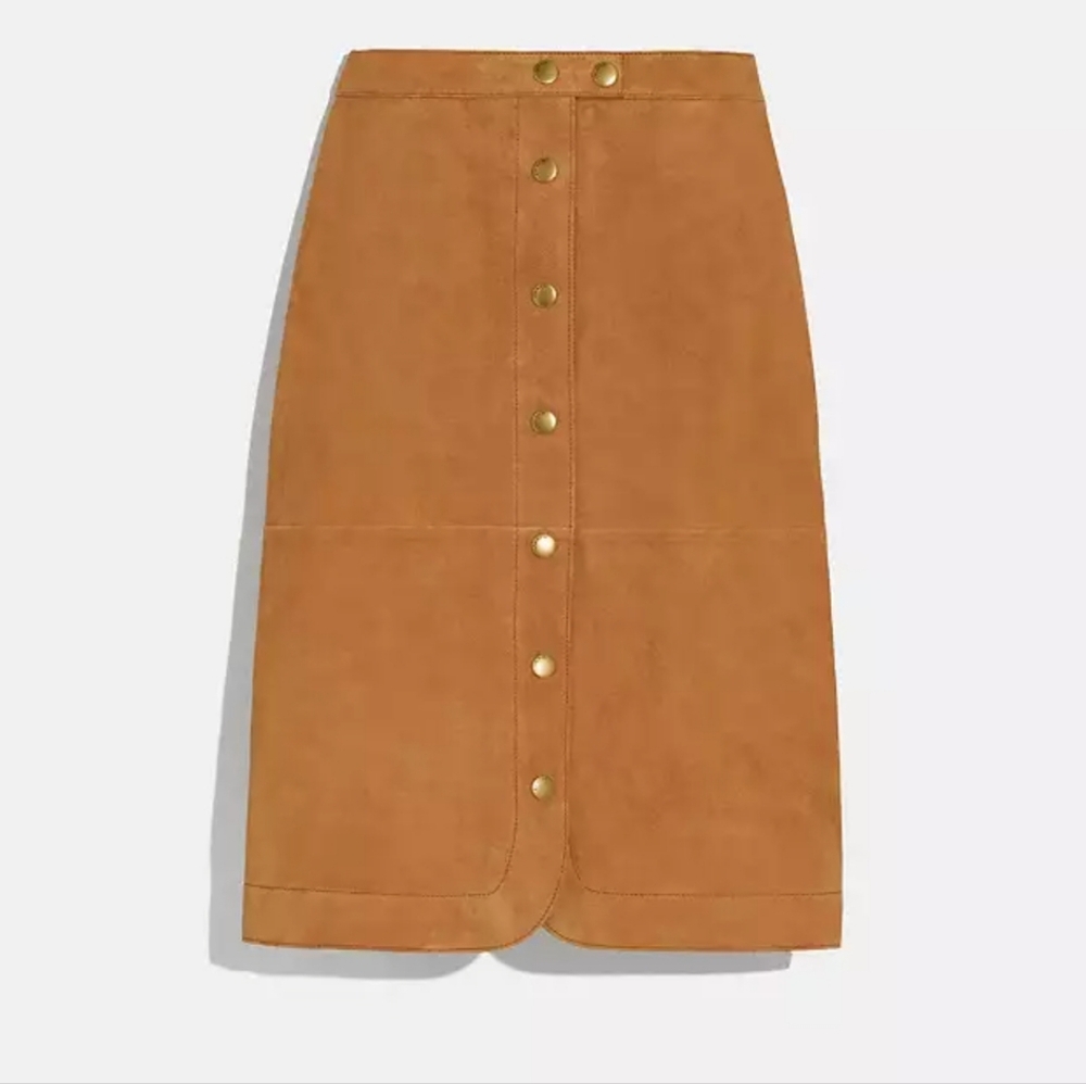 Coach Suede Skirt Midi Buttons Canyon Tan Camel Brown Size 00 X-SMALL NEW